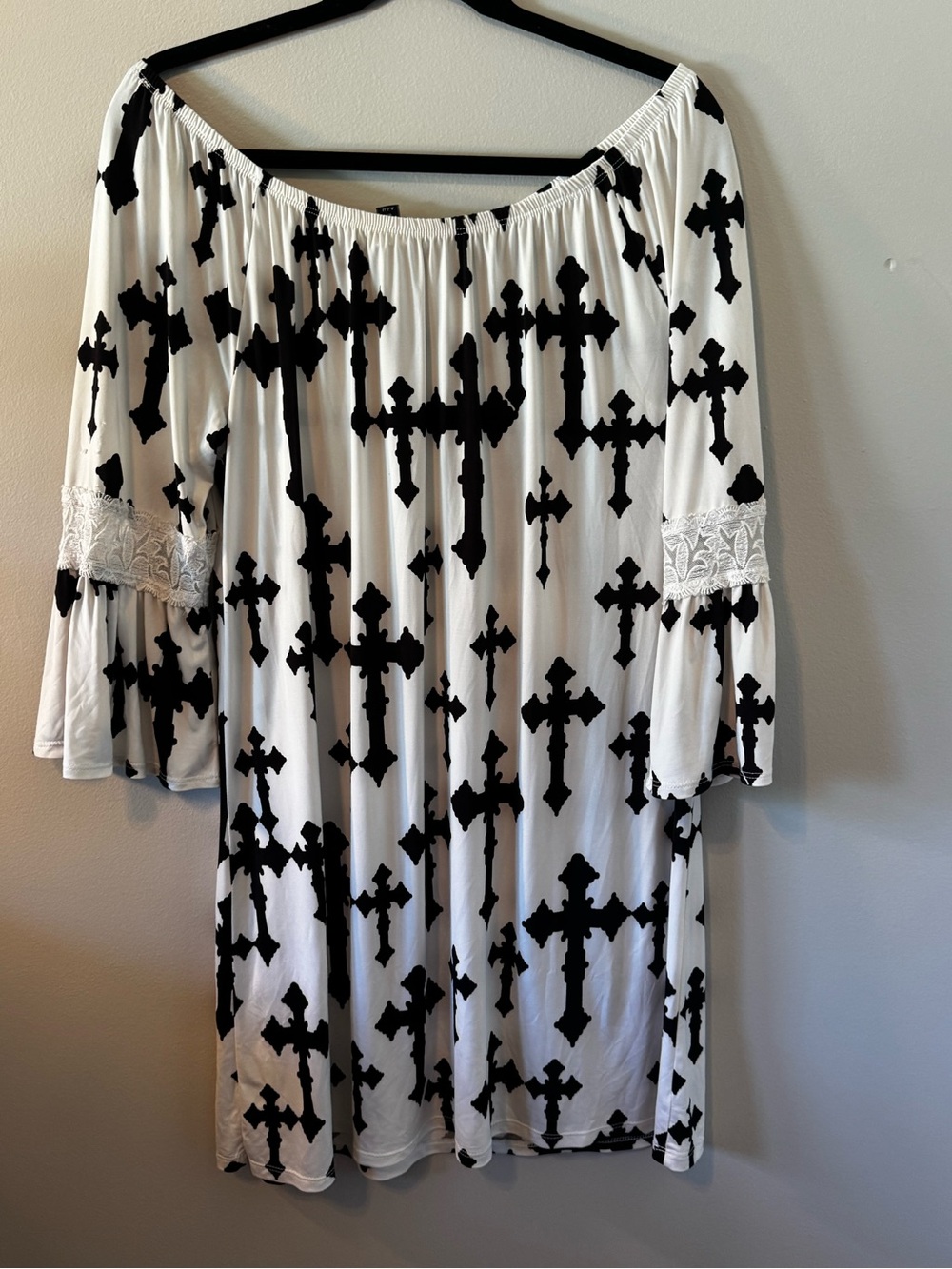 White Long Sleeve Off-Shoulder Dress with Black Cross Print
